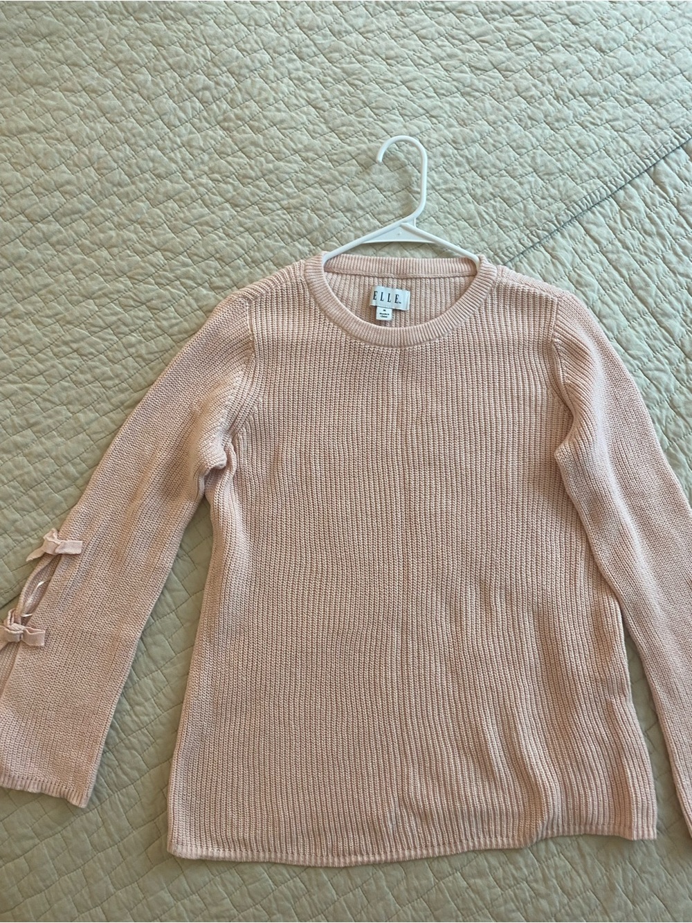 Elle Pale Pink Ribbed Crewneck Sweater with Sleeve Bows